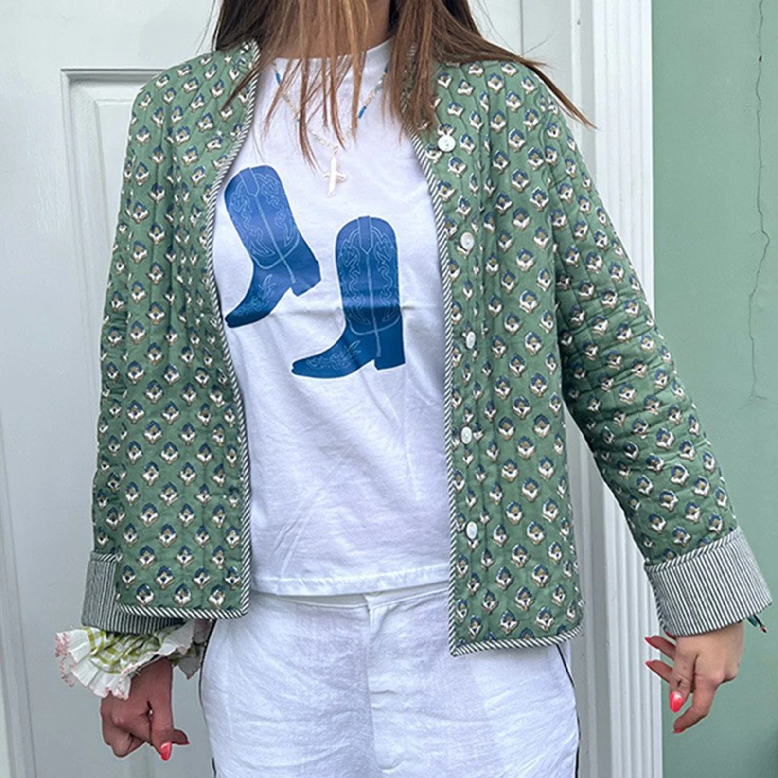 

Fashion Women's Quilted Jacket Double Sided Printed Mock Neck Long Sleeve Button Down Coat Casual Outerwear Clothes