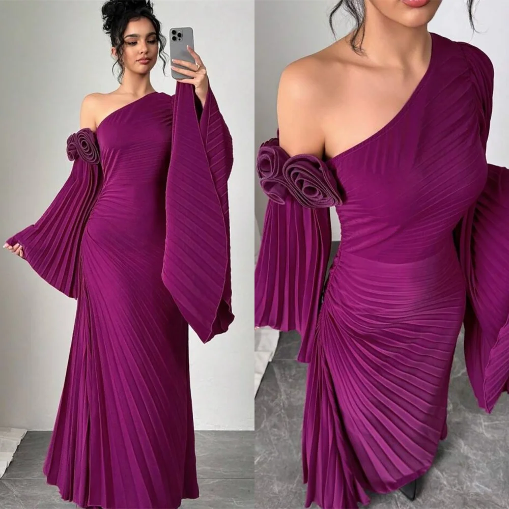 

Customized Graceful Purple Evening Luxury One Shoulder Long Sleeves Dress Dresses 2025 Woman Fashion Flowers Prom Dresses
