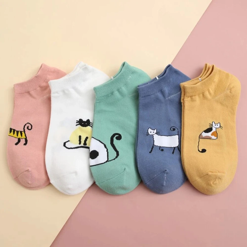 5 Pairs Women Cartoon Boat Socks Fashionable Cute Cat Pattern Girl Socks Comfortable Breathable Sweat Absorbing Casual Socks