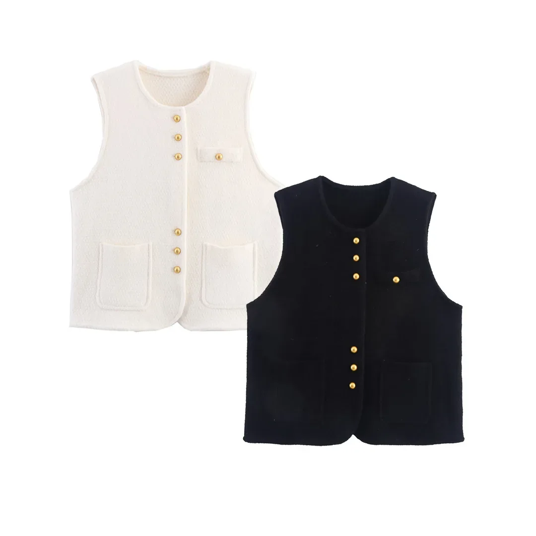 

Small Fragrance Knitted Vest Women Autumn Winter O Neck Vest Metal Button Sweater Cardigan Sleeveless Pocket Waistcoat Tops