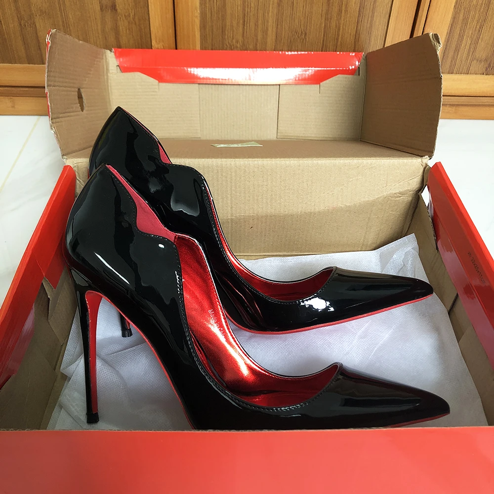 Veowalk Wave Cut Women Pointed Toe Stiletto Pumps Fashion Design Red Inside Slip On 12cm High Heel Shoes Glossy Nude Black White