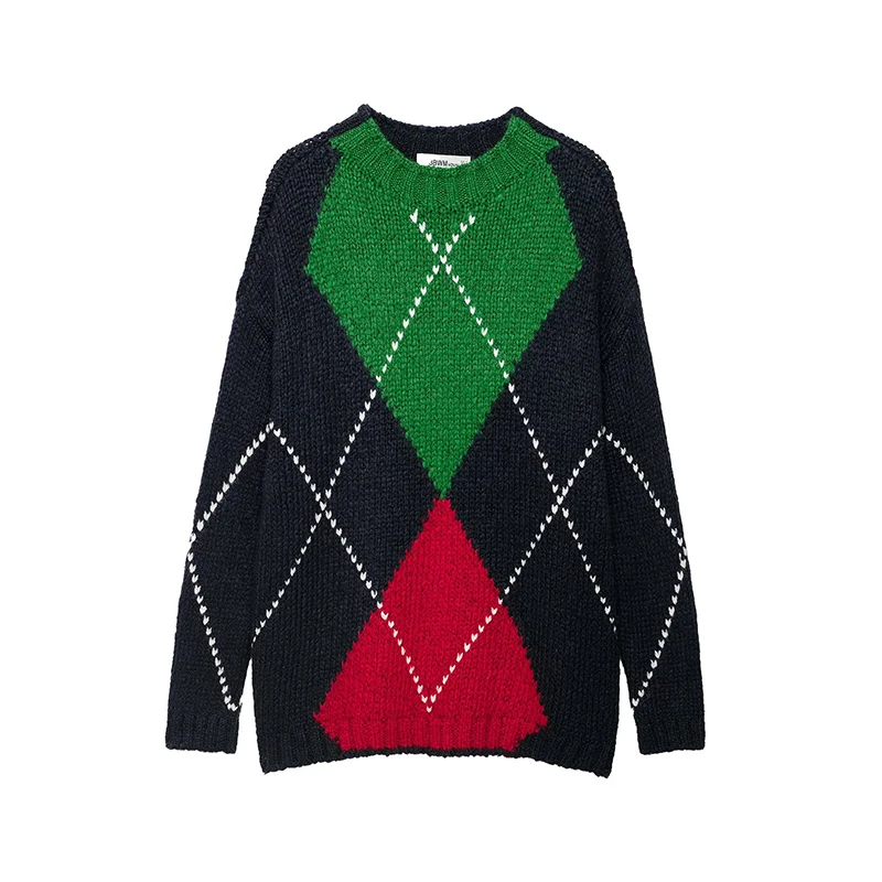 Fall Winter Women Crew Neck Argyle Pattern Knit Sweater Long Sleeve Loose Casual Pullover