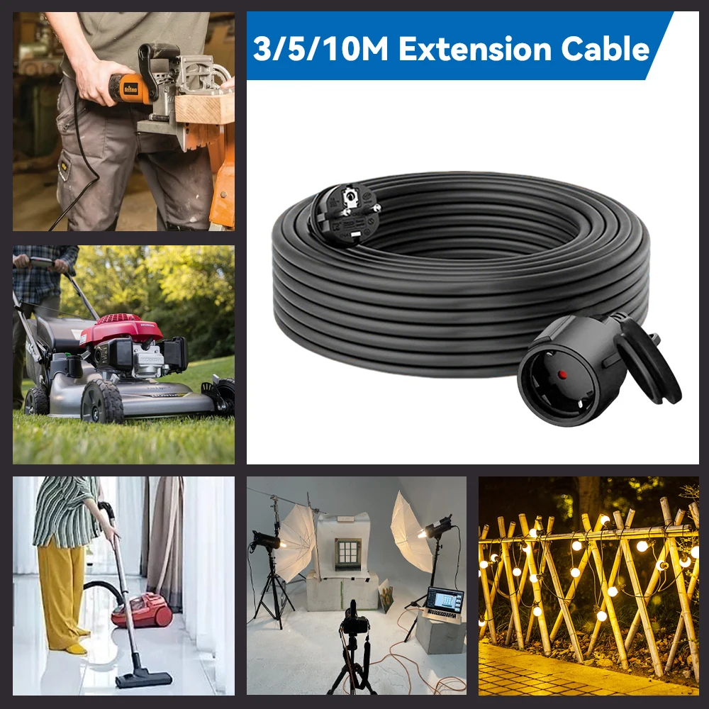 Schuko EU Extension Cord with Waterproof Cover, 3m/5m/10m, 250V 16A 3680W for Outdoor Use, Black/White