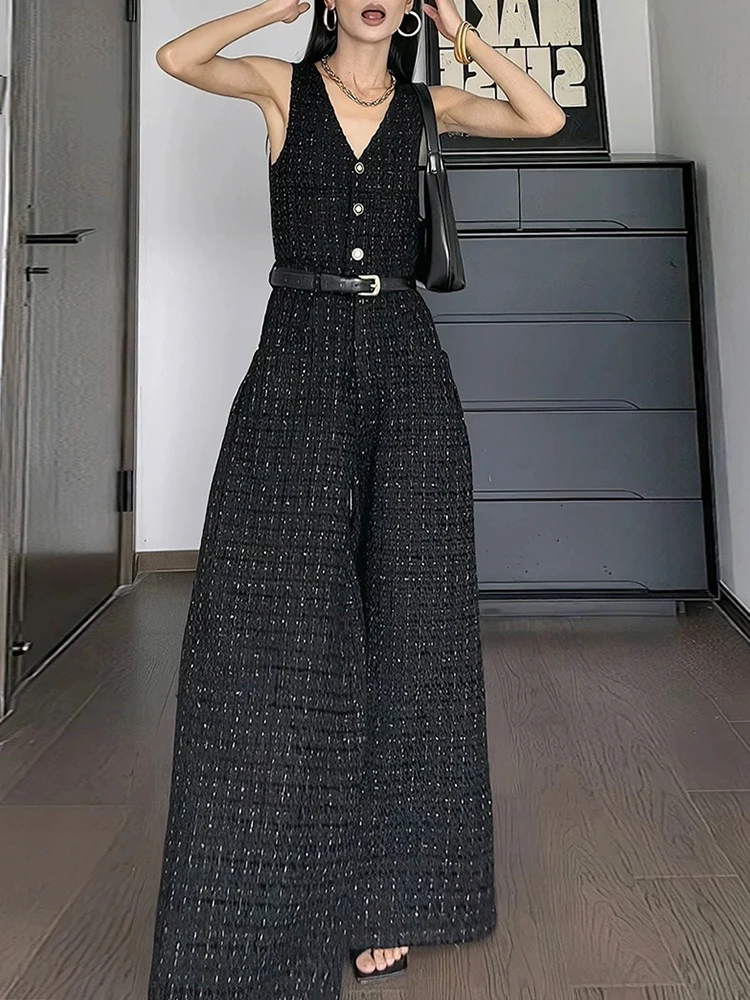 TWOTWINSTYLE Plaid Casual due pezzi Set per le donne scollo a V manica lunga cappotto scollo a V senza maniche a vita alta tuta Chic Set femminile