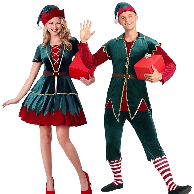 

Xmas Cosplay Santa Claus Clothes Deluxe Christmas Green Elf Fancy Cosplay Costume New Year Xmas Women Men Holiday Carnival Party