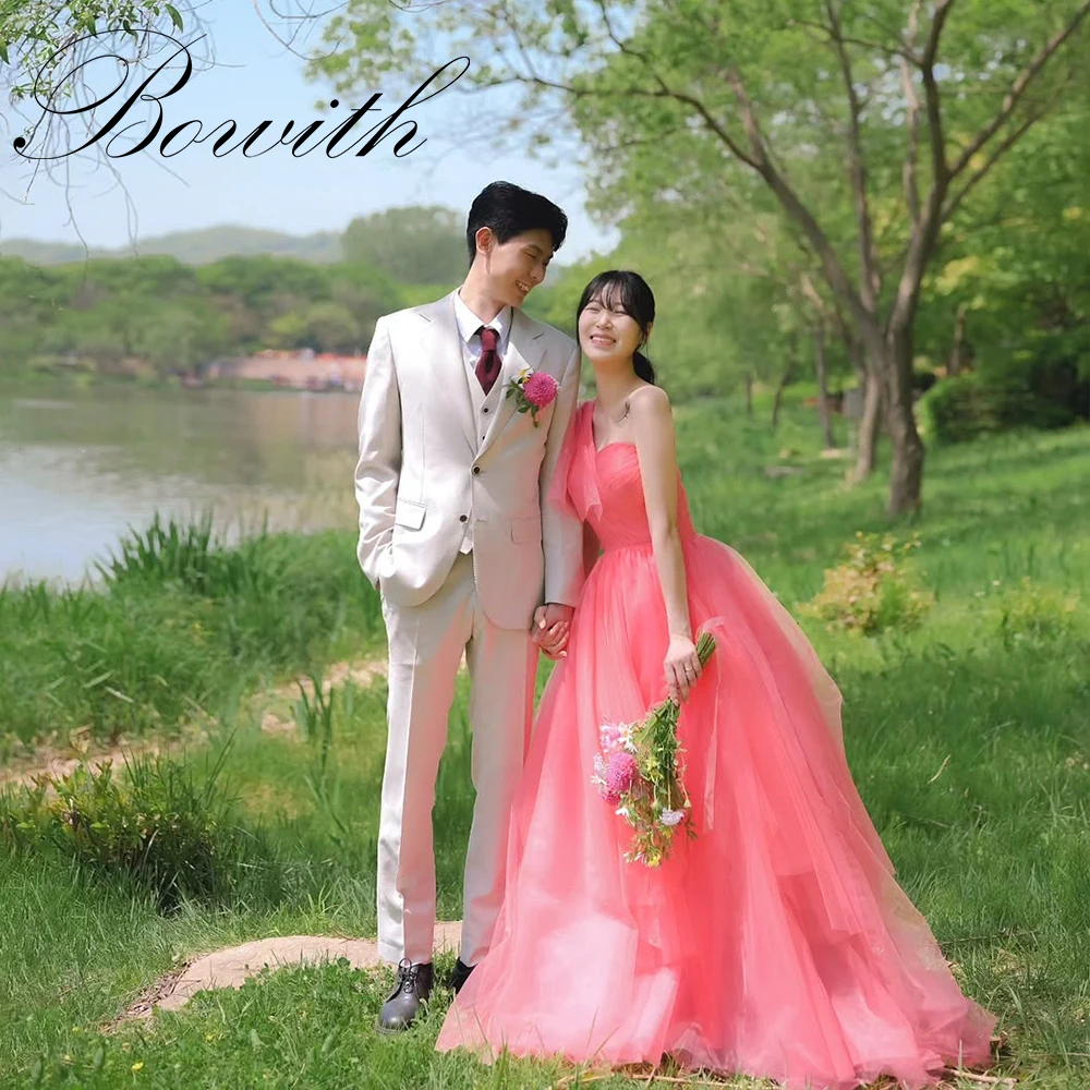 

Bowith Peach Pink One Shoulder Wedding Dresses Soft Tulle A-line Bridal Gown Photo Shoot Evening Dresses Customized for Bride