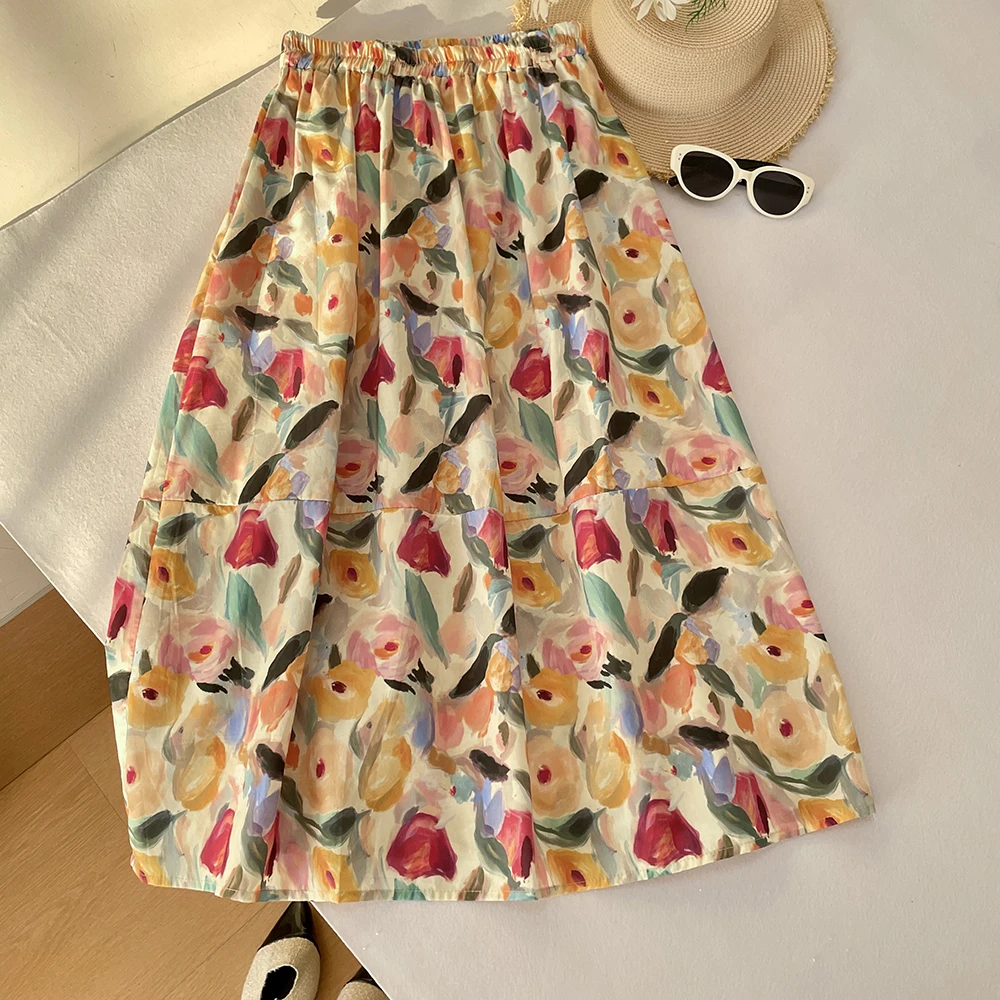 Orange Floral Lantern Half Skirt Women's Summer 2026 New Elastic High Waist A-Line Bloom Umbrella Skirt Loose Fit Style