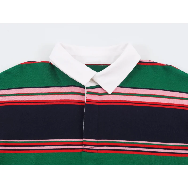 Damen Colorblock Gestreiftes Poloshirt Weiß Kontrastkragen Halbe Knopfleiste Langarm Locker Sitzend Lässiger Pullover T-Shirt Oberteil – Detail 7
