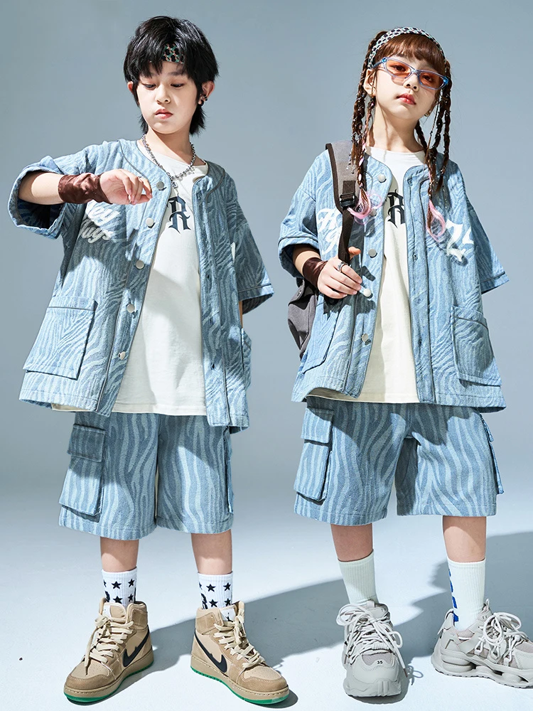 New Children Street Dance Clothing Hip Hop Denim Baseball Coat Summer Short Sleeves Boys Girls Group Performance Costume BL12309