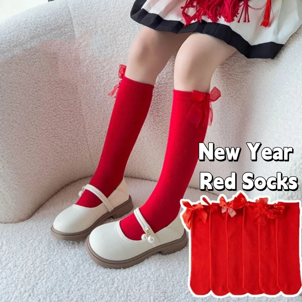 

Kawaii хлопковые новогодние красные носки MidTube, удобные чулочно-носочные изделия с бантом для принцессы, милые детские длинные носки, осень