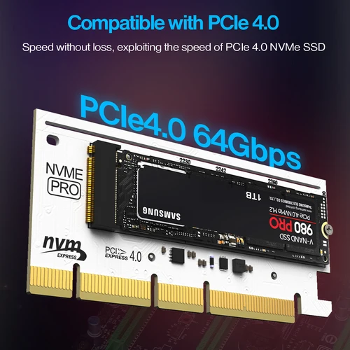 Imagen 2 del producto Adaptador JEYI RGB PCIe 4.0 NVMe, tarjeta adaptadora PCIe a NVMe M.2 SSD con disipador térmico de aluminio, Compatible con Gen4 Gen3 Gen2 Gen1