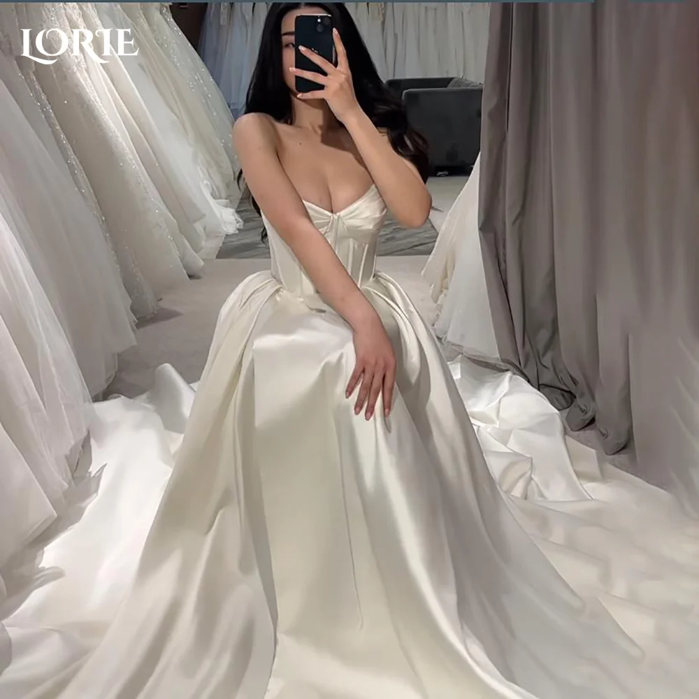 

LORIE Vintage Strapless Wedding Dresses Shiny Satin A-Line Bridal Gowns Backless Sexy Train Princess Bride Dress Customized