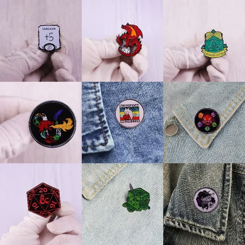 Hard Enamel Pins Fun Card Game Lapel Pin Dice Dragons Cat Badge Cartoon Animals Jewelry for Backpack Clothes Gifts for Game Fans