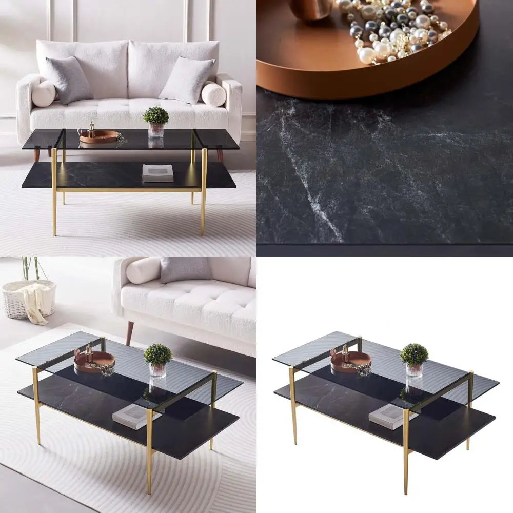 Mid-Century Modern Rectangular Coffee Table, 41x21, 2-Tier with Clear Glass Top and Black Marble Shelf, Gold Conical Legs