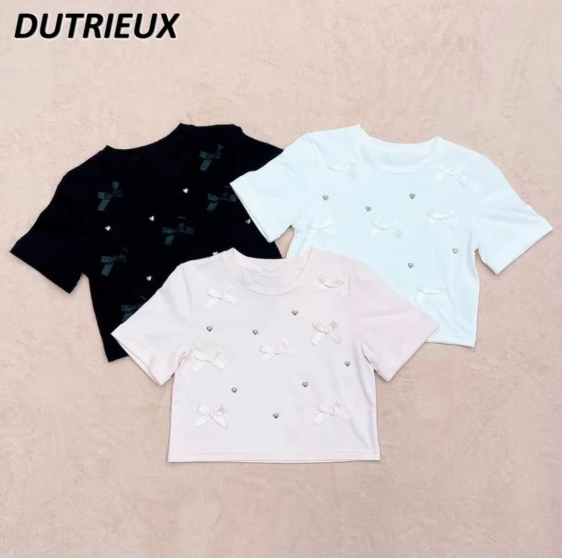 

Japanese Style Sweet and Cute Bow Love Rivet Tops Round Neck Short Sleeve Slim Short-Sleeve Cotton Ultra Short T-shirt