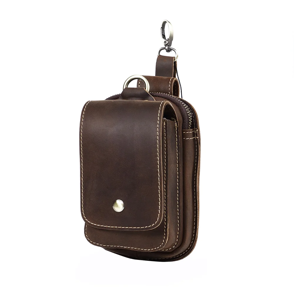 AIGUONIU Real Leather Retro Hook Design Cellphone Small Waist Pouch Waist Belt Bag Mens Running Waist Bag Fanny Pack