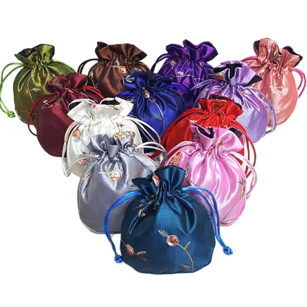 Jewelry Bag Top Handle Embroidered Flower Handbags Handmade Ethnic Style Small Bucket Bag Purse Drawstring Bag Women