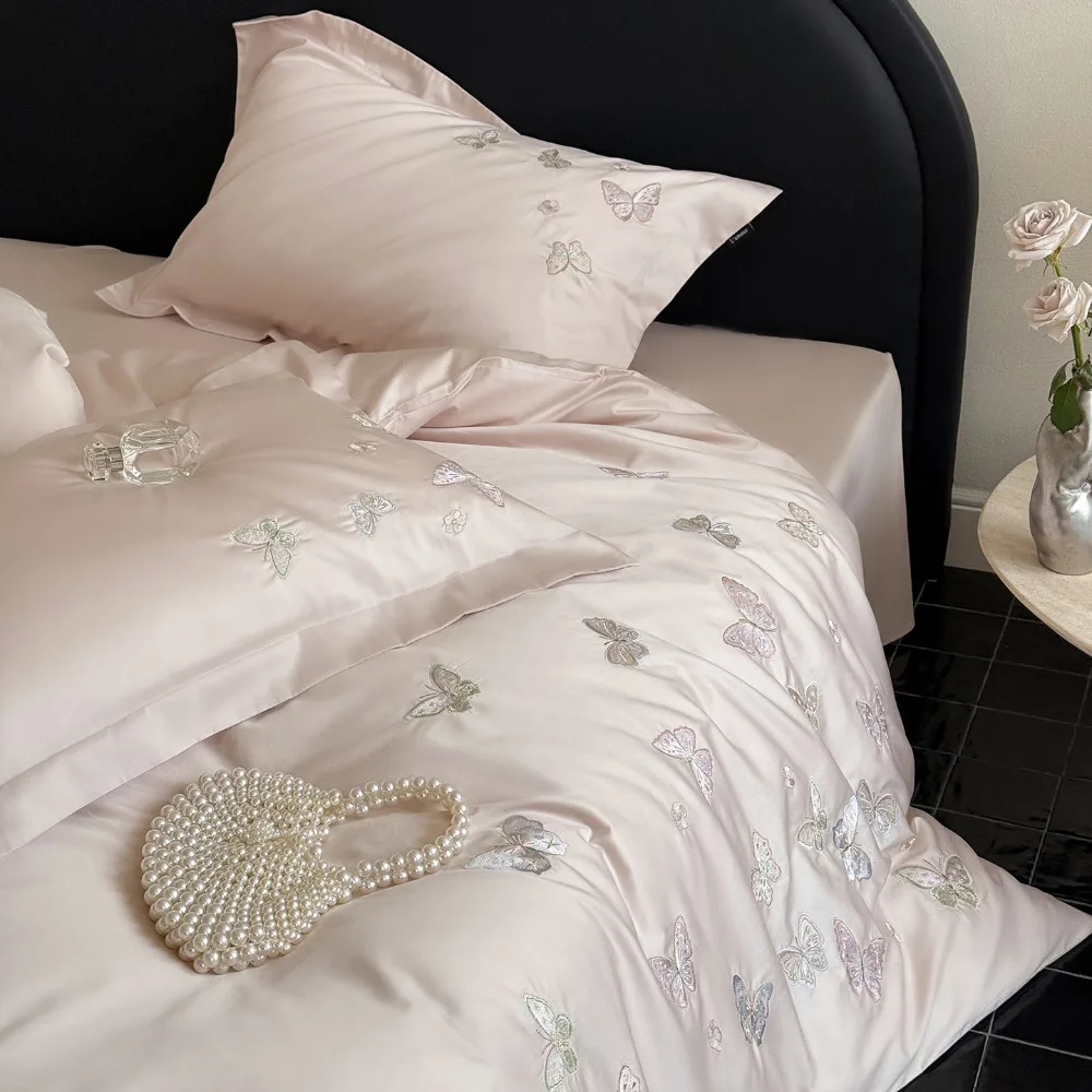 100% Cotton Embroidered 4 Piece Bed Sheet Set Luxury Duvet Cover Fitted Sheet Pillowcases