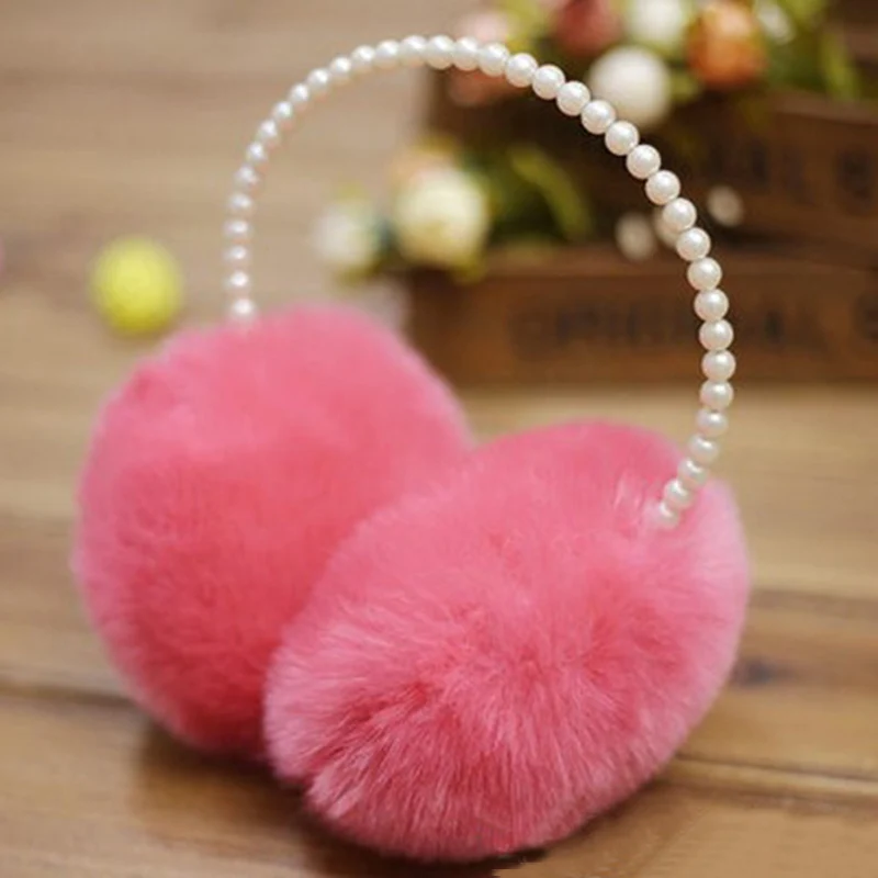 Super Soft Imitation Rabbit Hair Earmuffs Pearl Headband Girls Women Winter Plush Earflap Pink/White Cold Protection Ear Warmer