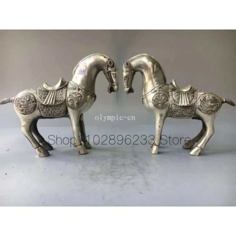 

Pair 10'' tibetan bronze silver carved dragon design tang war-horse horse statue