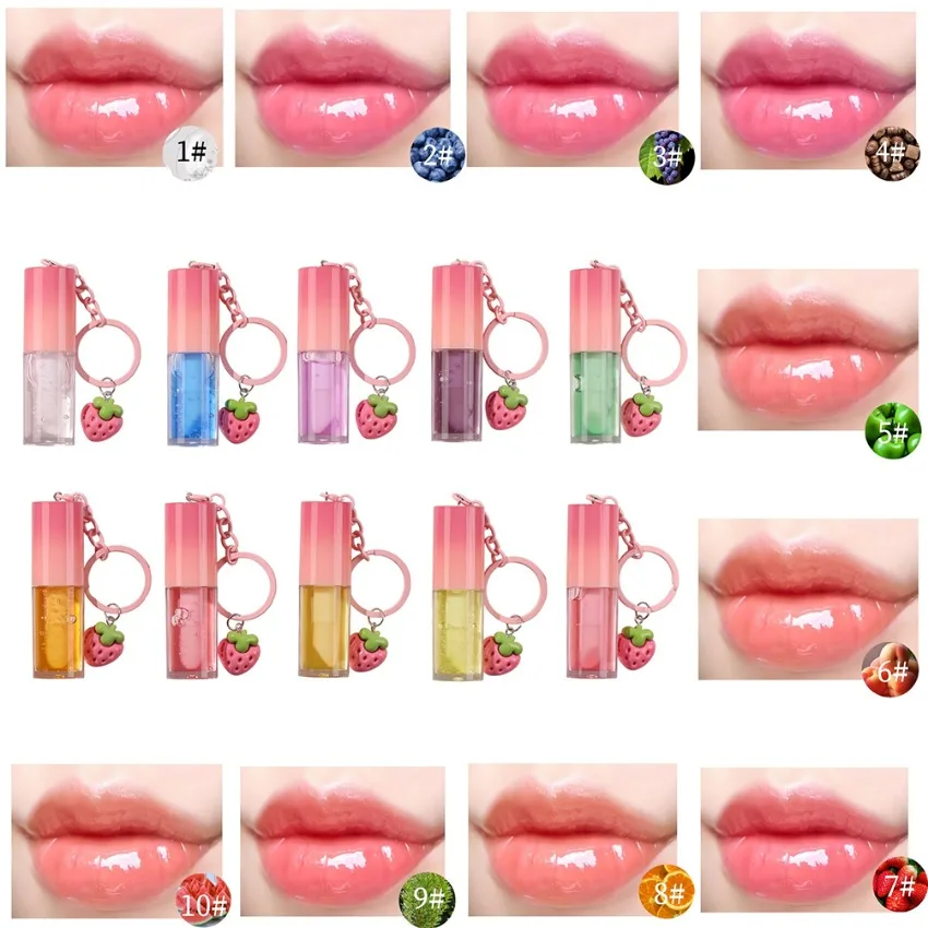 

Private Label 12colors Strawberry Pendant Keychain Lip Oil Long-lasting Waterproof Natural Nourishing Moisturizing Lipgloss Bulk