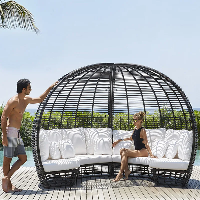 Resort high-grade bird's nest rattan furniture birdcage round bed open-air courtyard large rattan sofa