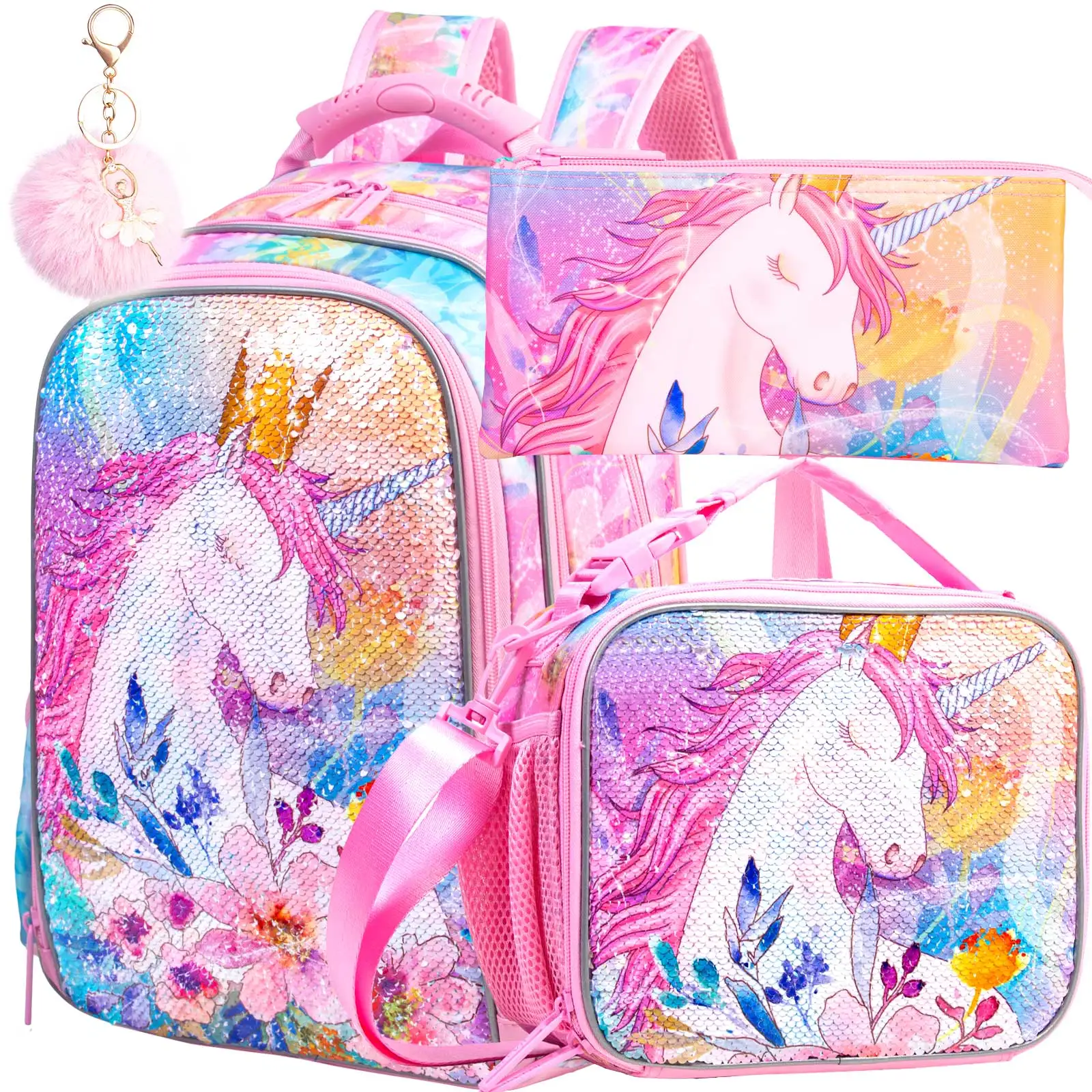 

Рюкзак для девочек с единорогом 3 шт., сумка для книг с блестками 16 дюймов с ланч-боксом, детские школьные сумки для начальной и дошкольной школы, розовый