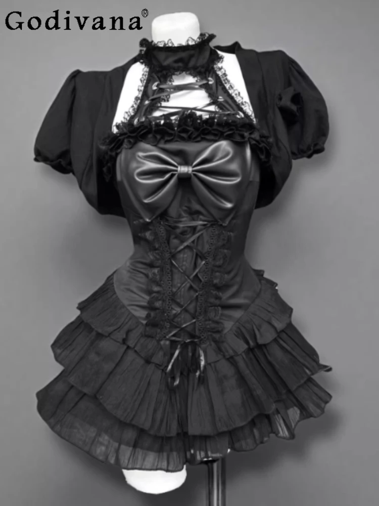 

Summer Sweet Cool Dark Gothic Short Black Shirt Sexy Hanging Neck Collar Lace Splicing Lace-up High Waist A-line Dress Sets