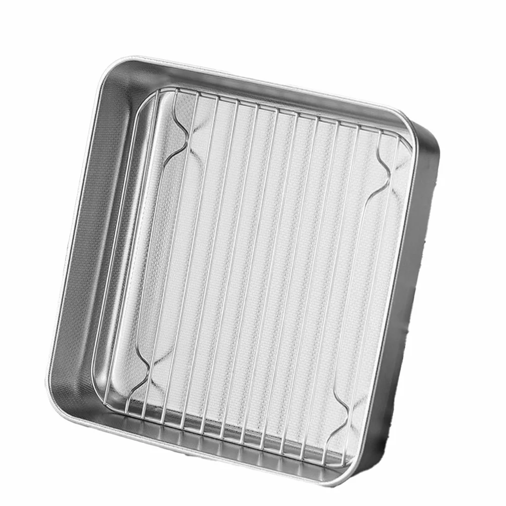 26x26x7cm Stainless Steel Rectangular Tray with Tight-Seal Lid and Perforated Stainless Net for Baking and Kitchen Use