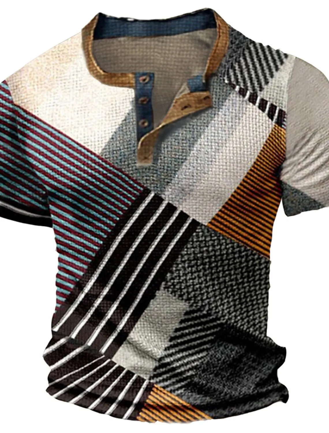 Sommer Vintage Herrenhemd mit Kreuzmuster, Kurzarm, Lässiger V-Ausschnitt, Knopfleiste, Übergroßes Herren-Patchwork-T-Shirt, Karierte Oberteile, Streetwear – Detail 12