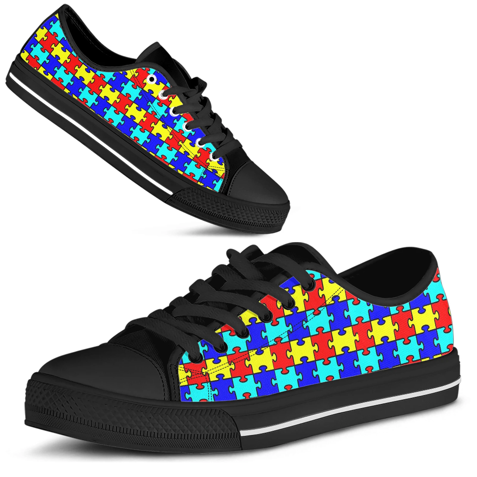 ELVISWORDS Autism Awareness Pattern Colorful Shoes Casual Women Canvas Vulcanized Shoes Female Light Comfortable Flats Sneakers