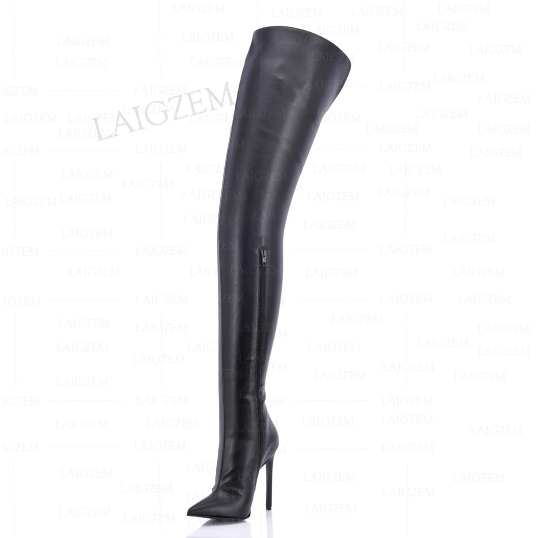 ZHIMA Women Crotch High Boots Side Zip Faux Leather Thin High Heels Boots Thigh High Over Knee Shoes Woman Big Size 41 43 45 47