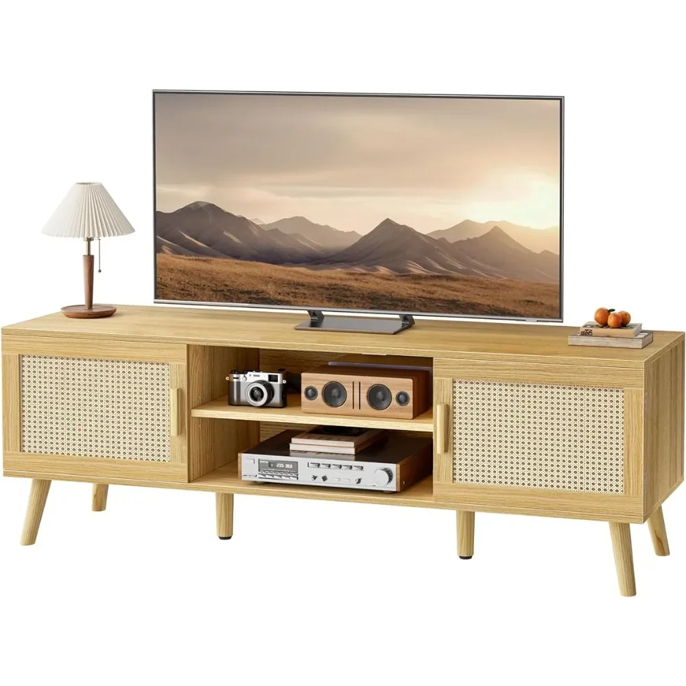 Tv Table for Television Stands Boho TV Stand for 55 Inch TV Furniture Living Room Television Cabinet 4 Cord Holes Wall Shelves