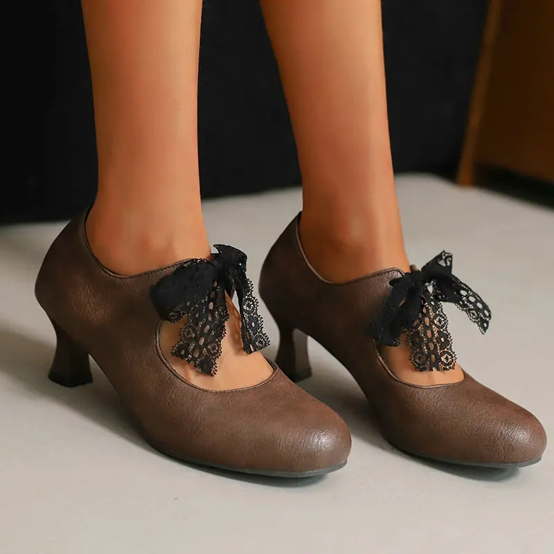 

2025 Spring Mature Women Pumps Round Toe Small Heels 5.5cm Lace Up Strap Large Size42 43 44 45 46 47 48 Shoes White Black Brown