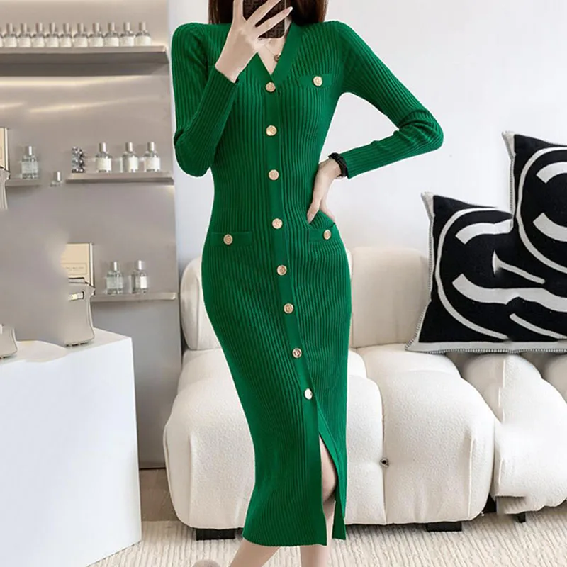 

Fashion Temperament Maxi Dress Women Luxury Goddess Style Button V-Neck Knit Dresses Woman Korean Slim Pocket Sweater Long Dress