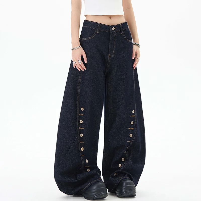 

Y2K Wide Leg Jeans Women American Style Multi Breasted Design Curved Loose Casual Versatile Lazy Floor Pants