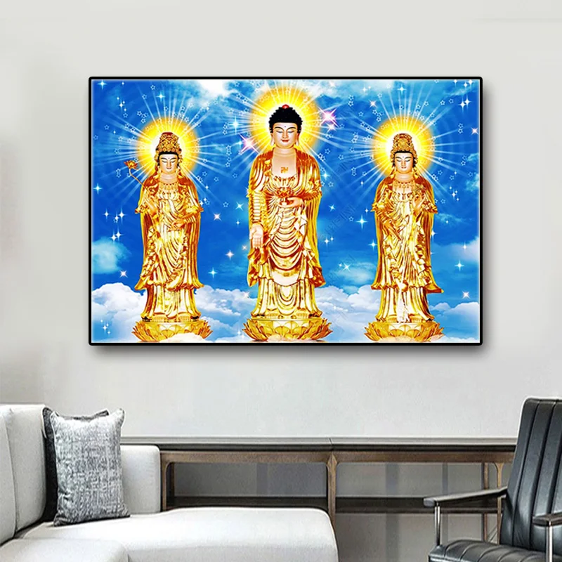 

DIY Cross stitch kit Cotton Silk thread full embroidery Trinity of western paradise Amitabha Avalokitesvara Buddha Stitchwork