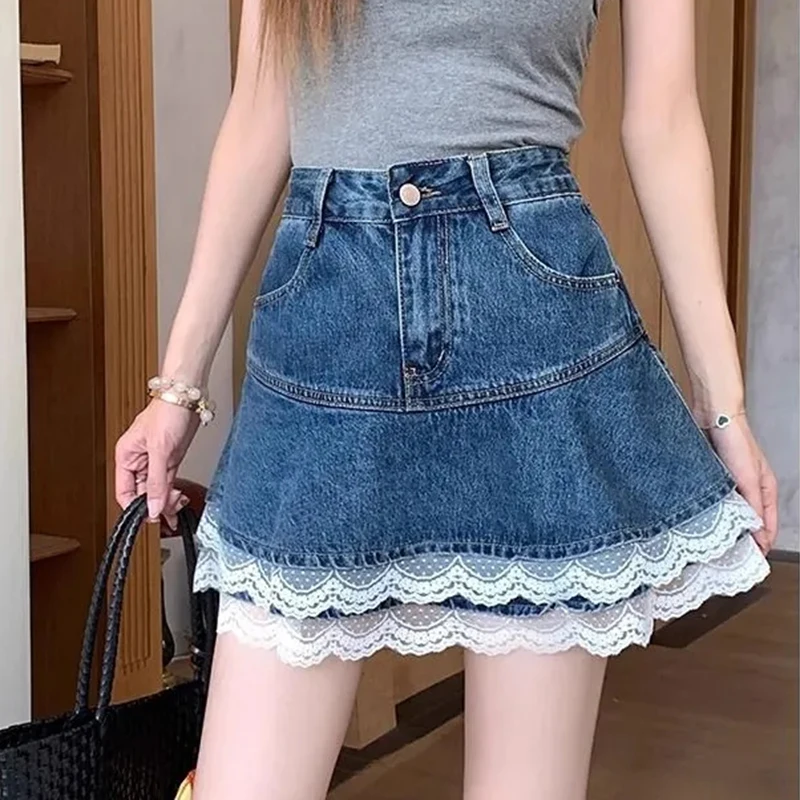 

Retro Lace Denim Skirt Oversize Women Korean Patchwork Casual Cake Mini Skirts Summer High Waist Solid Simple Vintage Skirts