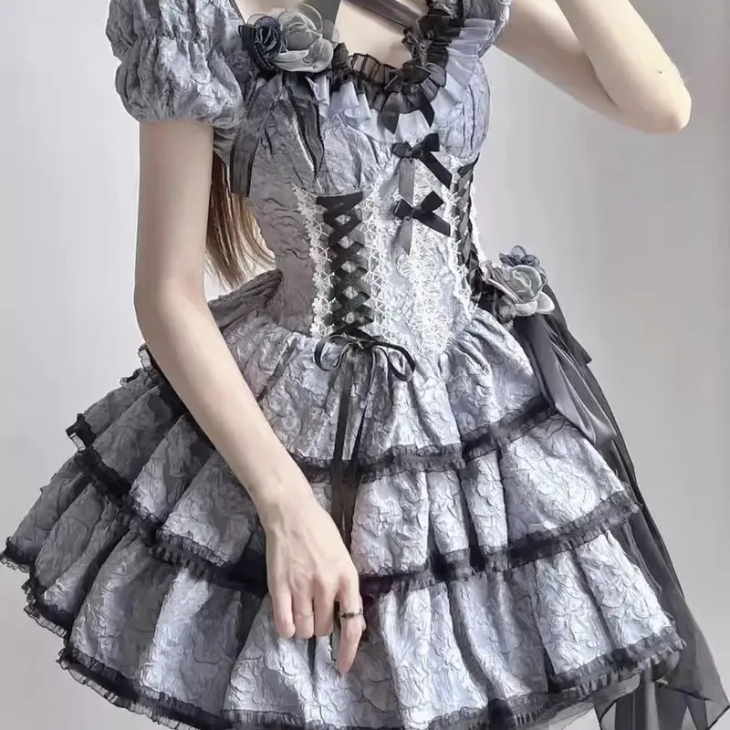 

Three-stage Lolita Dress Goth Puff Sleeve Y2k Bandage Lace Trim Party Gothic Mini Dresses Ruffles Woman's Dress