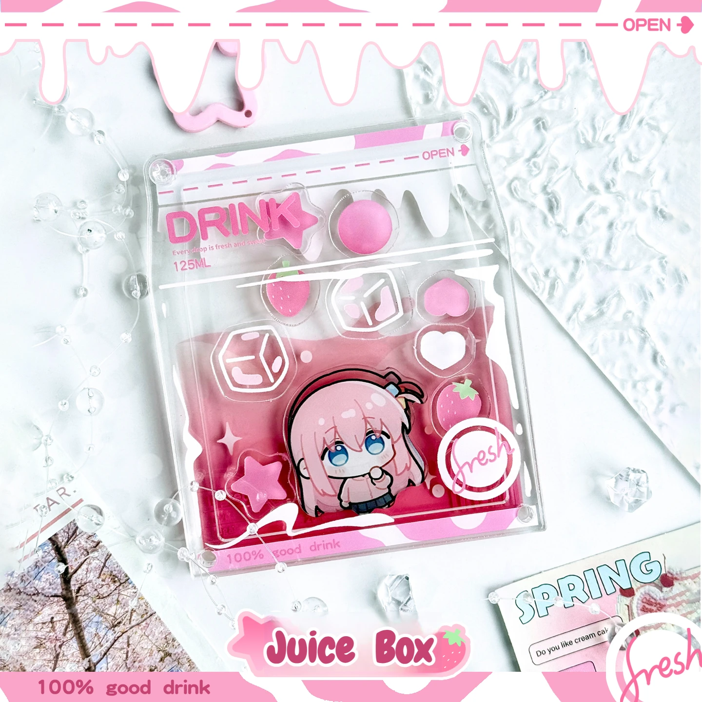 Cute Fruit Juice Box Shaker Acrylic Display Frame, Dual-Use Photocard & Badge Storage Stand, Kawaii Anime Desktop Collect Decor