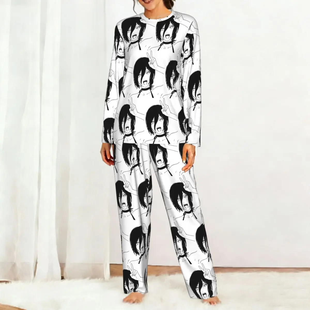 Anime Chainsaw Man Reze Round Neck Long Sleeves Nightdress for Sleeping Sleepshirts Women Soft Pajama Set Long Pants