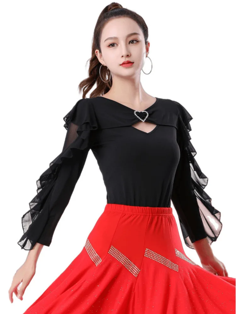 Ruffle Dance Sports Costume Latin Tops Skirts Practice Women Sequins Cabaret Competition Wear Woman Solid Color Suit Clothes