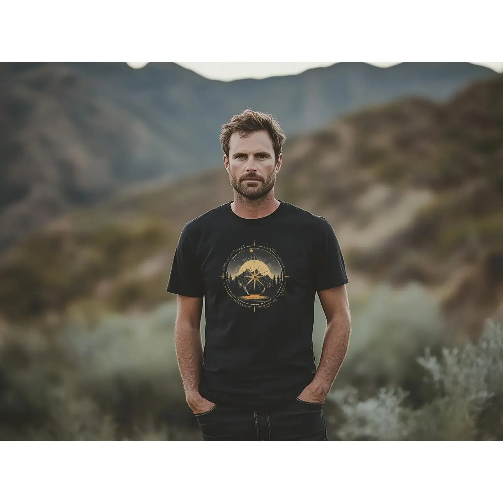 Men's 100 Cotton T Shirt Minimalist Compass Mountain Sun Forest Sustainable Outdoor Hiking Casual vintage Washed Versatile