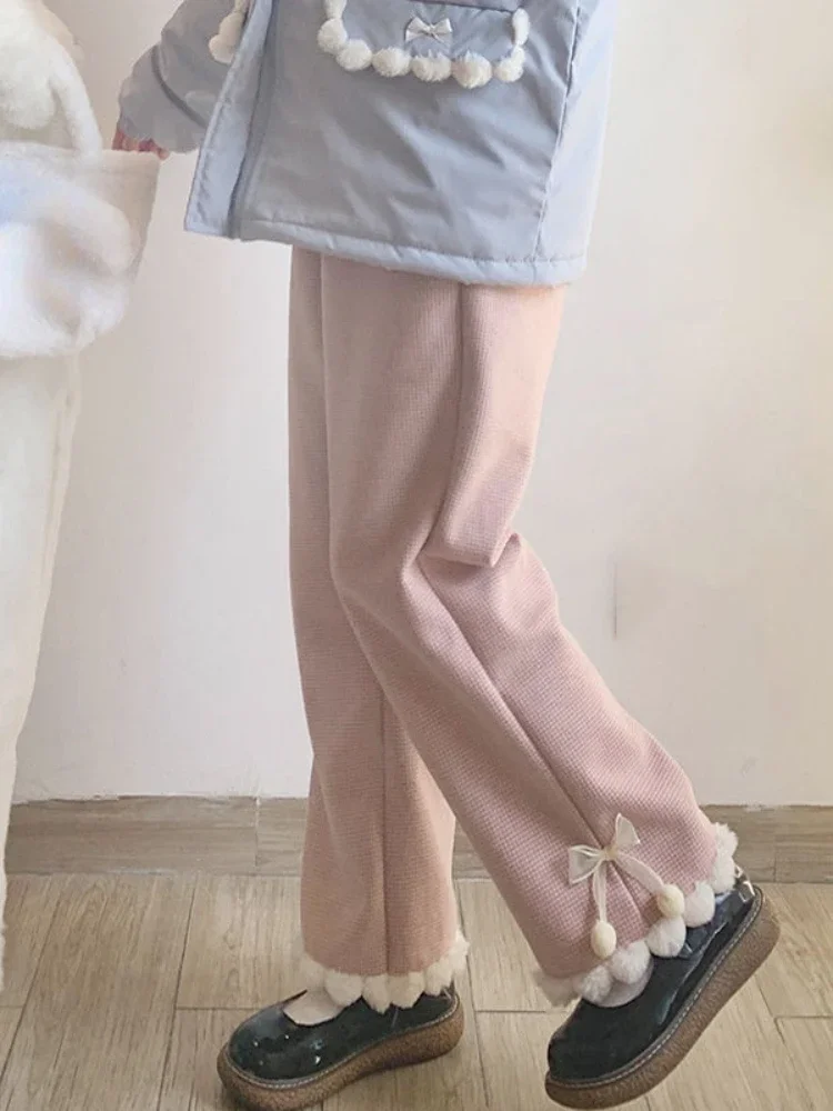 Pink Japanese Lolita Kawaii Pants Women Black Korean Style Wide Leg Pants Female Bow Sweet Cute Trousers Autumn Winter 2024 New