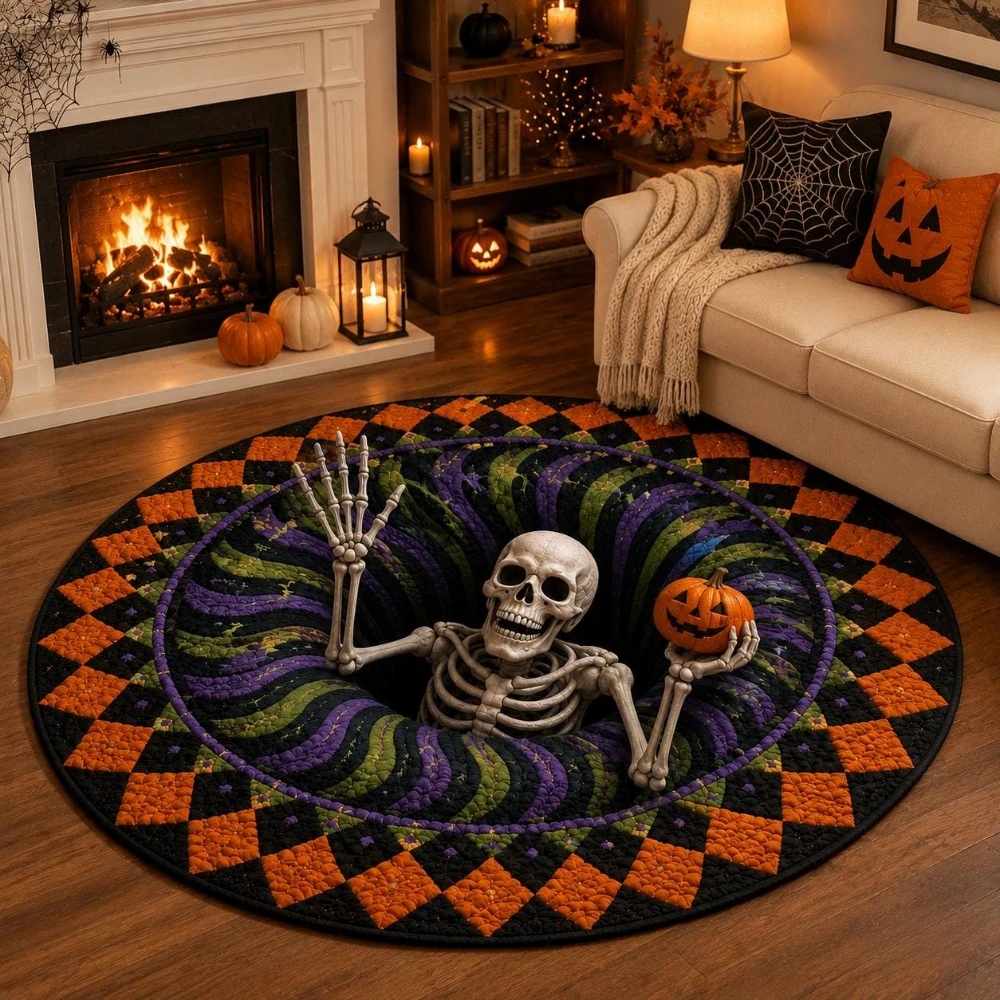 Spooky Checker Skeleton Relax Pose 3D Visual Round Rug game room indoor decor movie room living room bedroom Washable Rug Gift