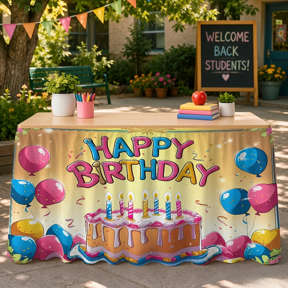 A birthday cake balloon printed tablecloth for the table, suitable for indoor decoration at a birthday party.zyc