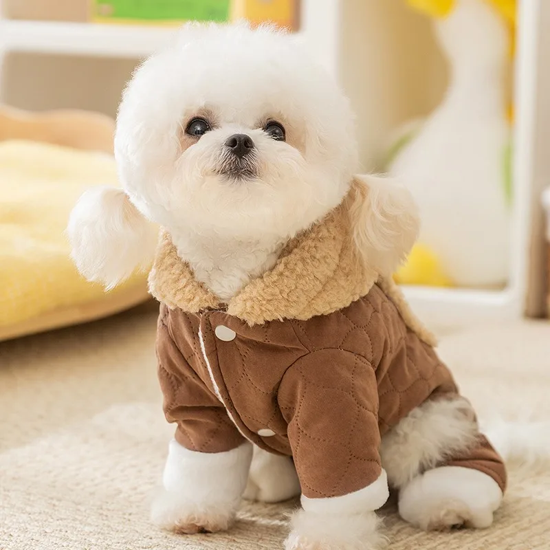 Thickened Warm Dog Winter Four Legs Clothing Puppy Brown Coat Yorkshire Cute Bodysuit Leashable Pet Clothes