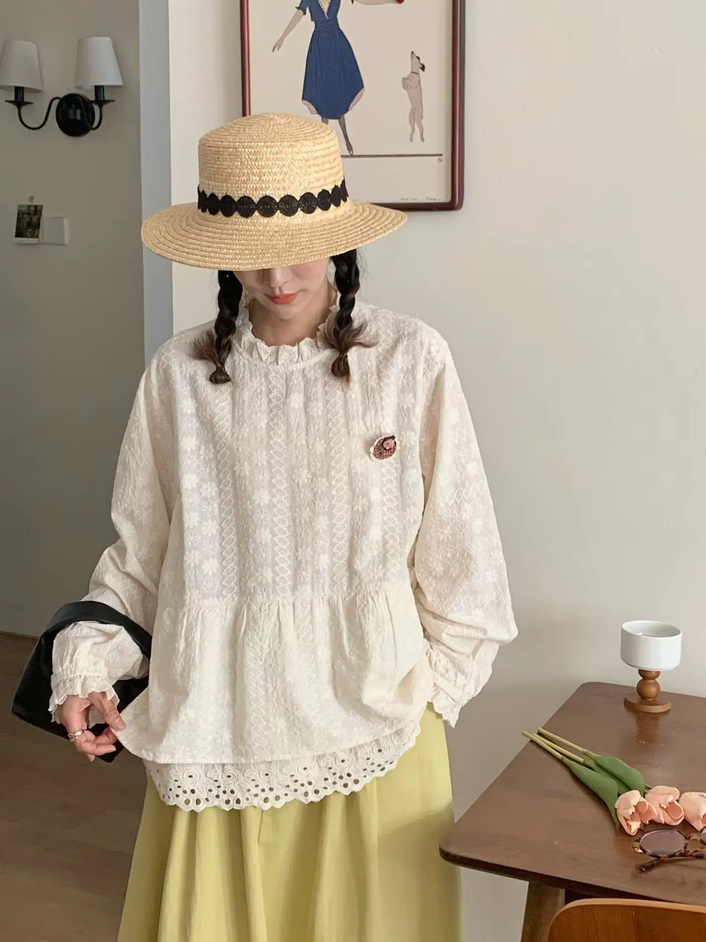 

Spring New Pure Color Cotton Lace Long Sve irt Sweet Loose Version Doll irt Women Breathable Comfortable Japanese Sle