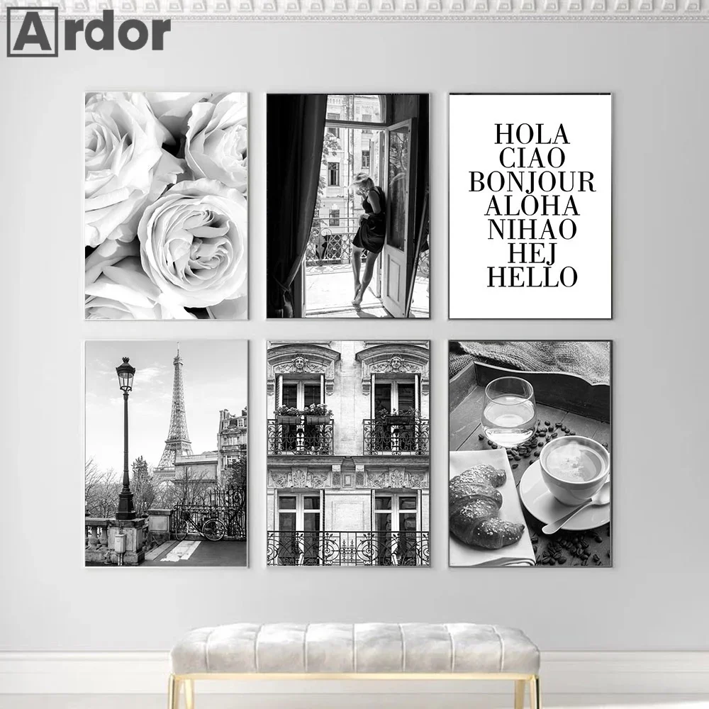 Paris Photography Black White Posters Eiffel Tower Girl Canvas Painting Gallery Print Flower Wall Art Pictures Living Room Decor