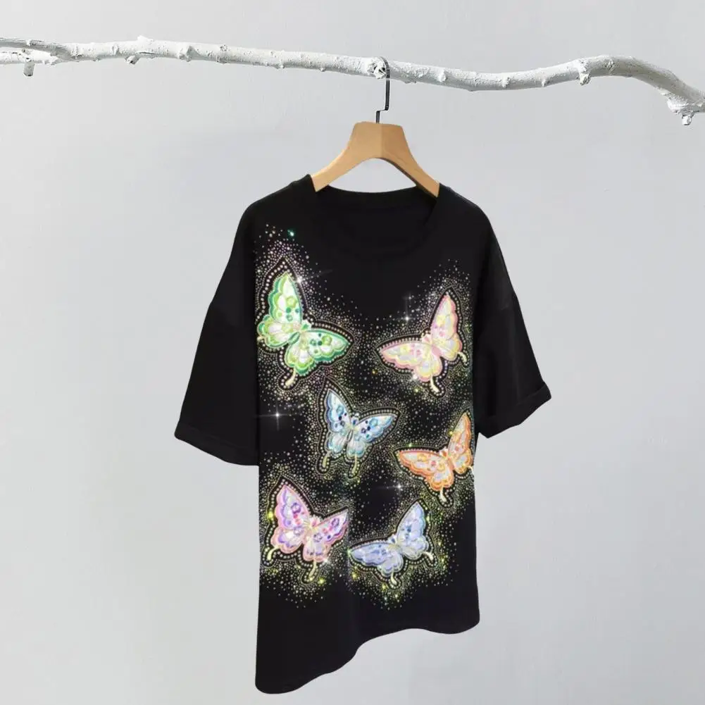 Round Neck Shirt Elegant Embroidered Butterflies Women's Summer Tee with Hot Drill Decor Solid Color Short Sleeve T-shirt Round